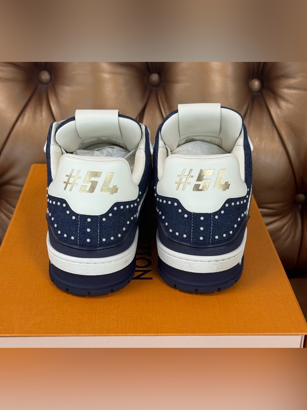Louis Vuitton LV Trainer Sneaker 1AJ517 Swarovski™ pearls Indigo Blue SIZE 8.5 - Picture 5 of 14